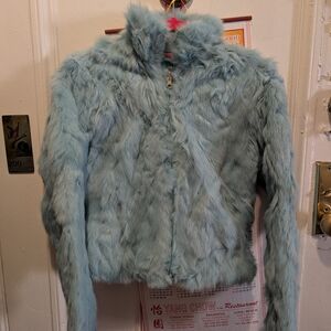 Faux Fur Zip-Up Jacket in Light Blue